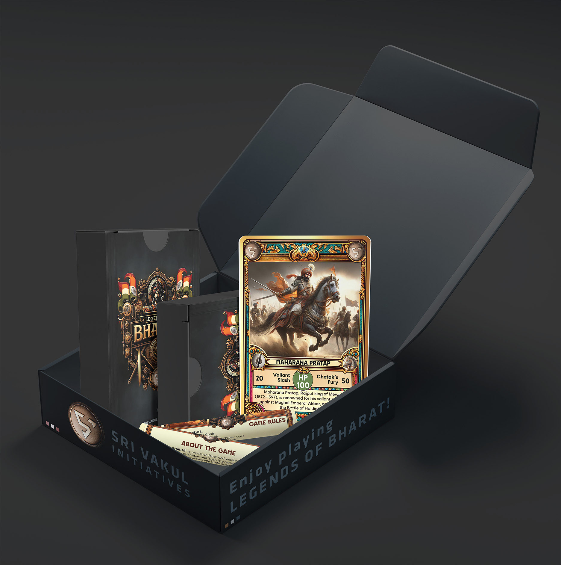 Opened box revealing a Maharana Pratap card and rules